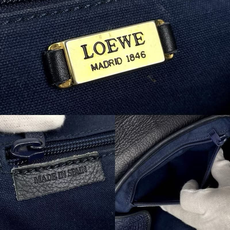 稀有中古二手Loewe海軍藍黑色編織拼色側背斜孭皮革小包單肩手袋
