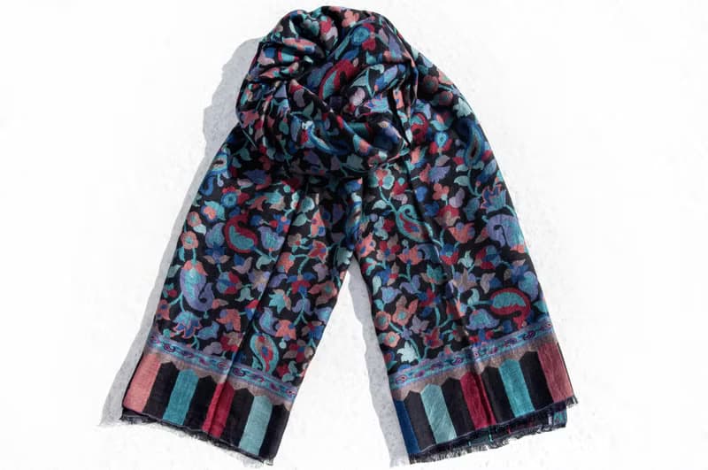 喀什米爾Cashmere/羊絨圍巾/純羊毛圍巾披巾/戒指絨披肩 保暖 暖暖 露營必備 登山必備 外出海邊 下雪-法式花朵