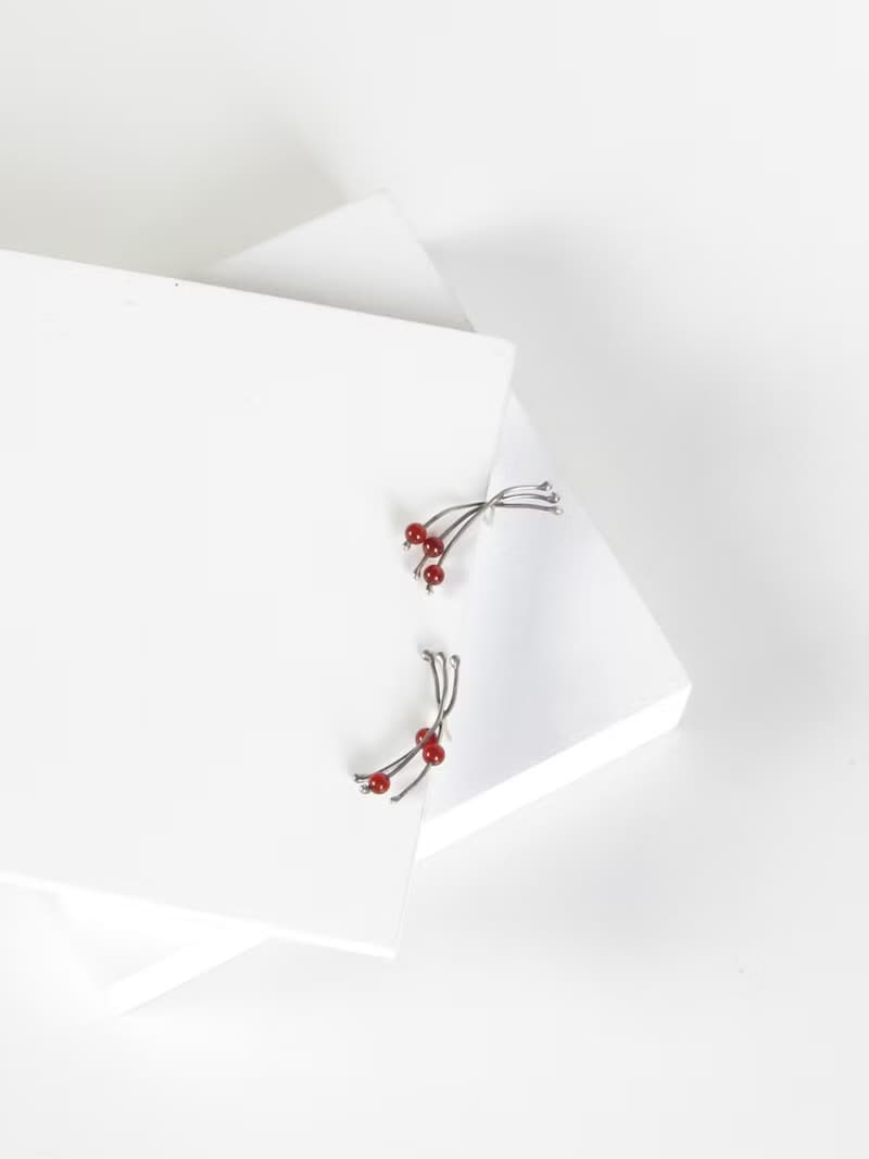Vintage Scandinavian Abstract Red Agate Beads Silver Earrings