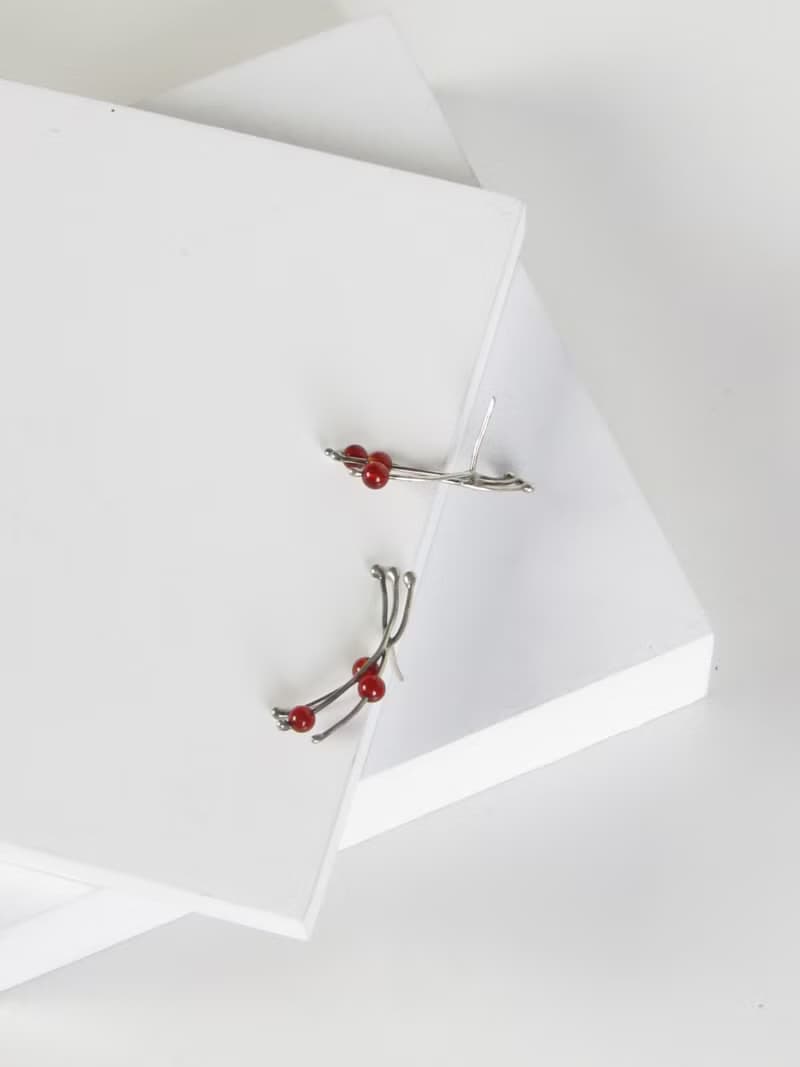 Vintage Scandinavian Abstract Red Agate Beads Silver Earrings