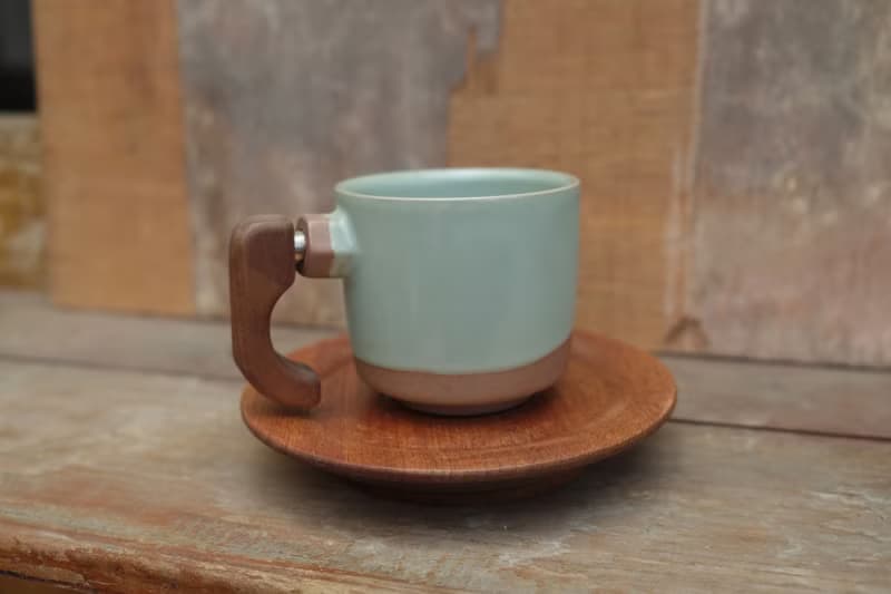 青瓷汝窯木把咖啡杯 附手工原木杯盤 星座訂製禮物 夫妻 情侶