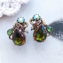 Vintage Jewelry 西洋古董飾品 FLORENZA 水滴綠鑽 夾式耳環