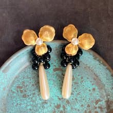 Onyx & Vintage Glass Pearl & Swarovski Pearl Flower Pierced Earrings