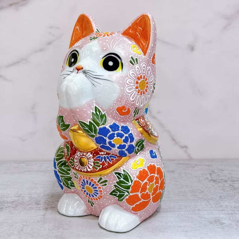 【瑞氣盈香】日本九谷燒招財貓 | 粉紅櫻盛 7号