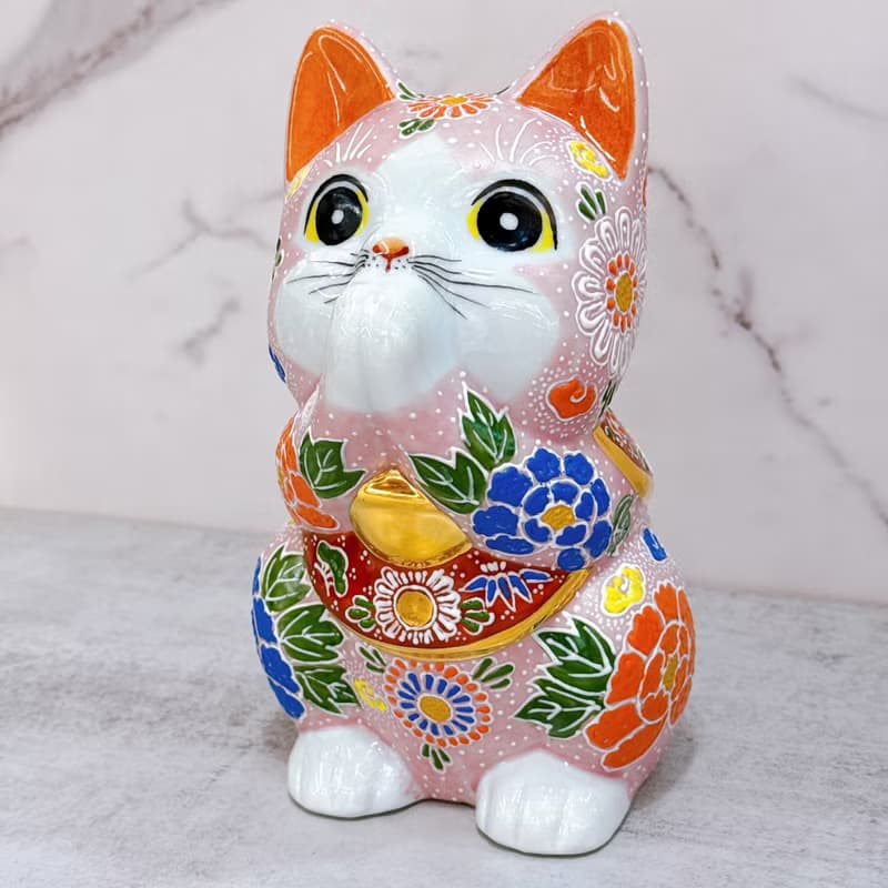 【瑞氣盈香】日本九谷燒招財貓 | 粉紅櫻盛 7号