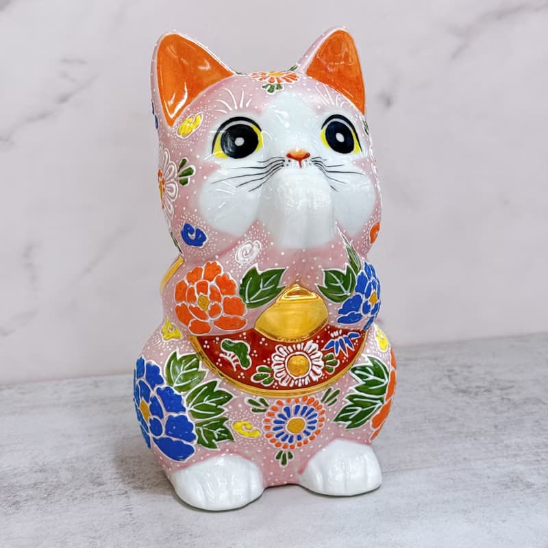 【瑞氣盈香】日本九谷燒招財貓 | 粉紅櫻盛 7号