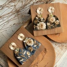 刺繡緞帶耳環 藍色 綠色 法式優雅質感 造型925銀耳針