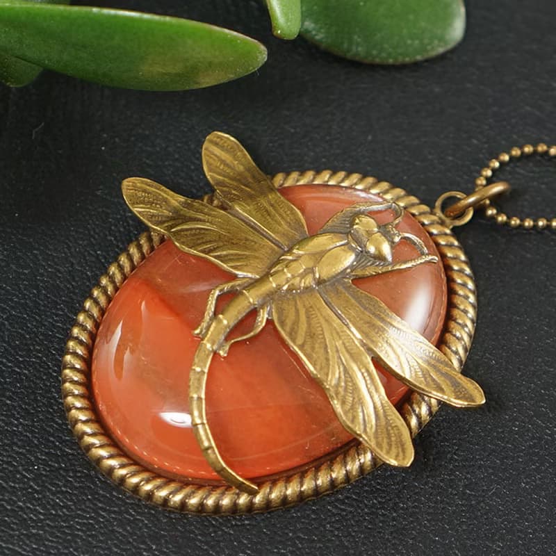 Pink Red Oval Cherry Quartz Necklace Brass Dragonfly Pendant Necklace Jewelry