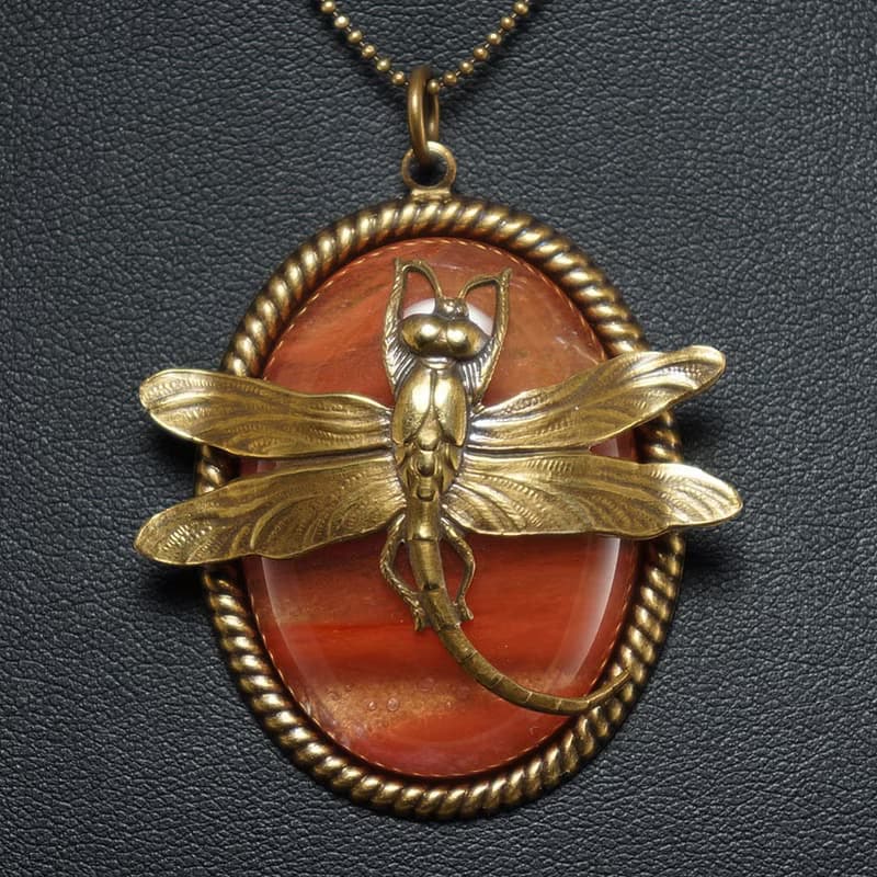 Pink Red Oval Cherry Quartz Necklace Brass Dragonfly Pendant Necklace Jewelry