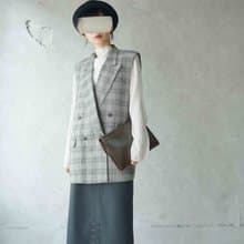尋寶古著-Lanvin暖灰經典格紋長版背心西裝外套