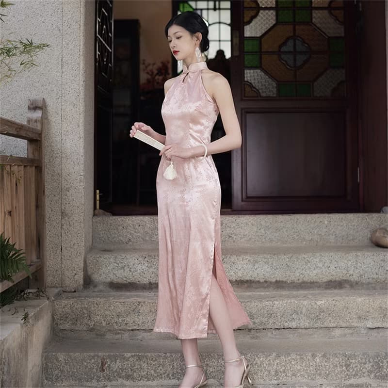 粉色 無袖新中式改良旗袍 春夏水滴領少女洋裝 掛脖連衣裙
