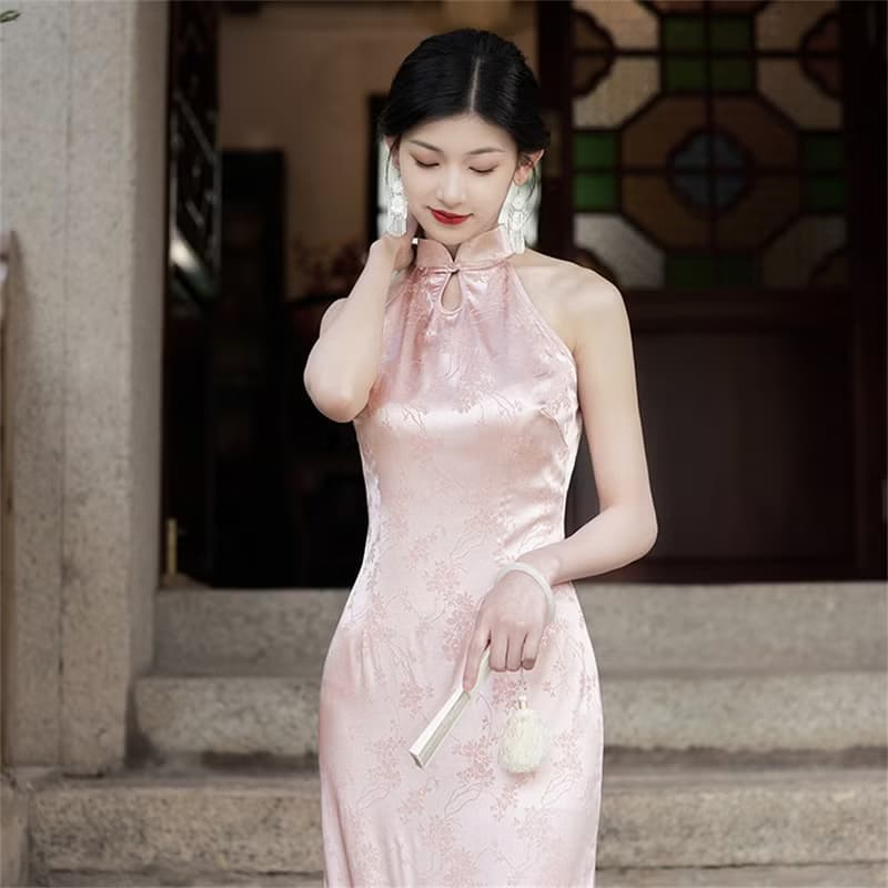 粉色 無袖新中式改良旗袍 春夏水滴領少女洋裝 掛脖連衣裙