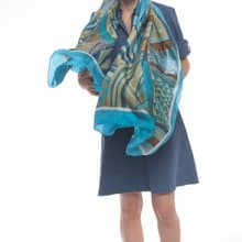 Silk shawl.Striped silk scarf hand painted. Designer Scarves/ Luxury shawl. Geometric Blue brown silk shawl