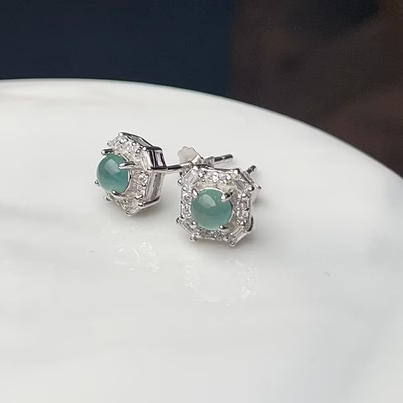 冰種天空藍翡翠蛋面耳釘 925純銀 | 天然翡翠A貨 | 送禮