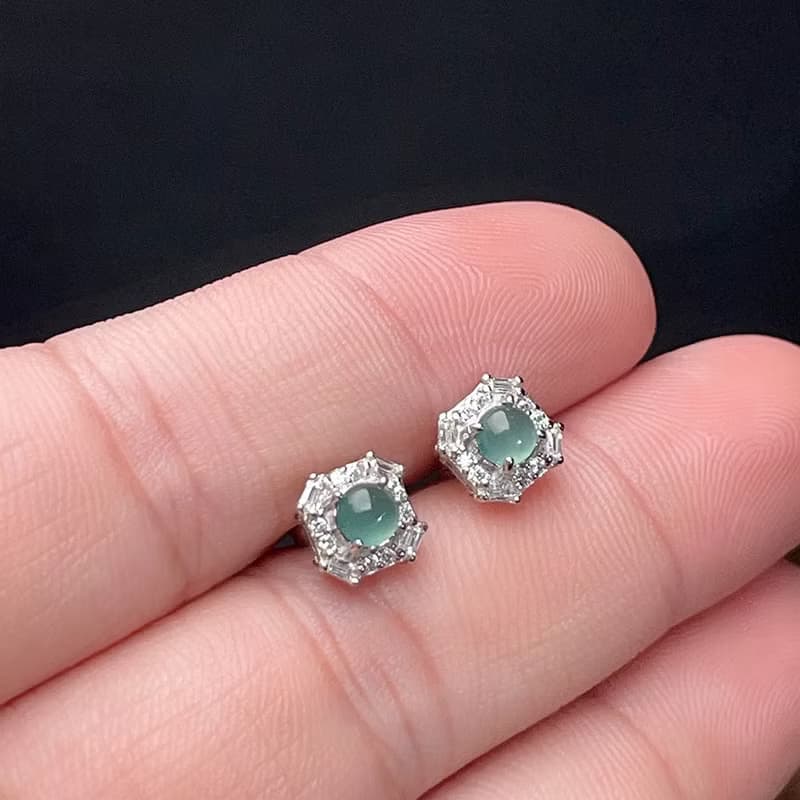 冰種天空藍翡翠蛋面耳釘 925純銀 | 天然翡翠A貨 | 送禮