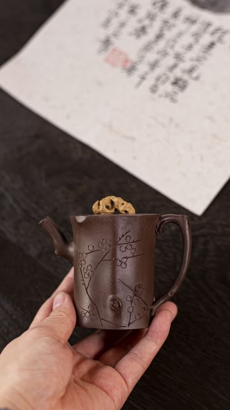 送禮紫砂壺茶壺小梅桩 太湖石钮 140cc 文房佳器 原矿老紫泥制作