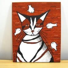 Funny cat and fishes portrait acrylic painting on canvas home wall decoration