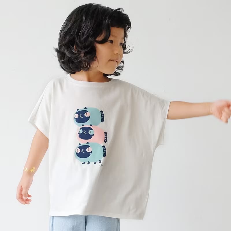 Kids Luna暹羅魚喵/兒童純棉Tshirt 落肩款 白-中性款