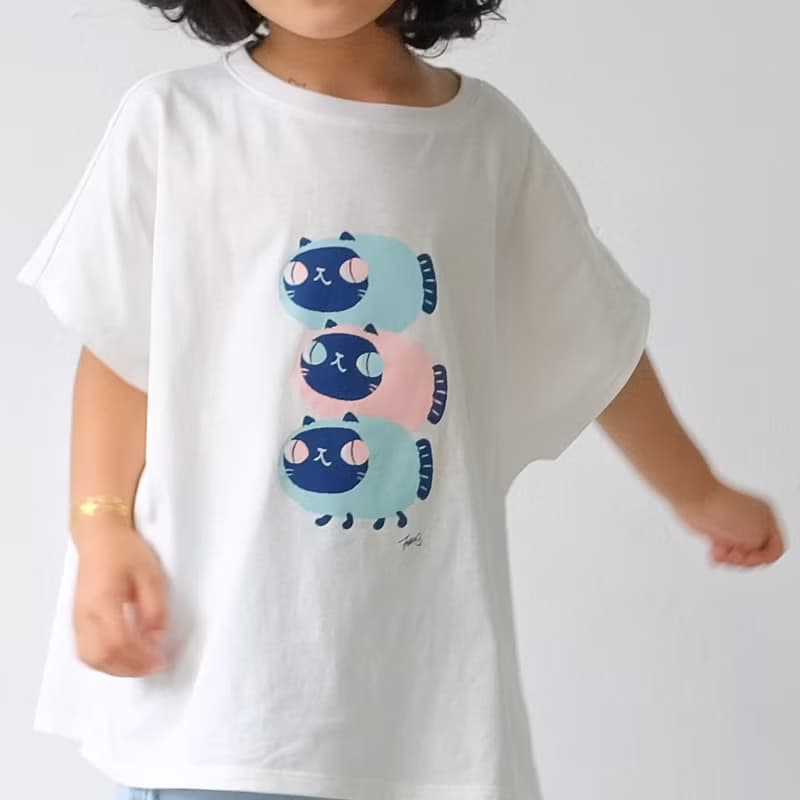 Kids Luna暹羅魚喵/兒童純棉Tshirt 落肩款 白-中性款