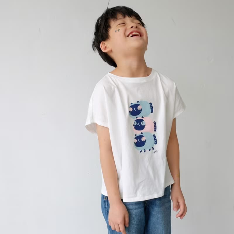 Kids Luna暹羅魚喵/兒童純棉Tshirt 落肩款 白-中性款