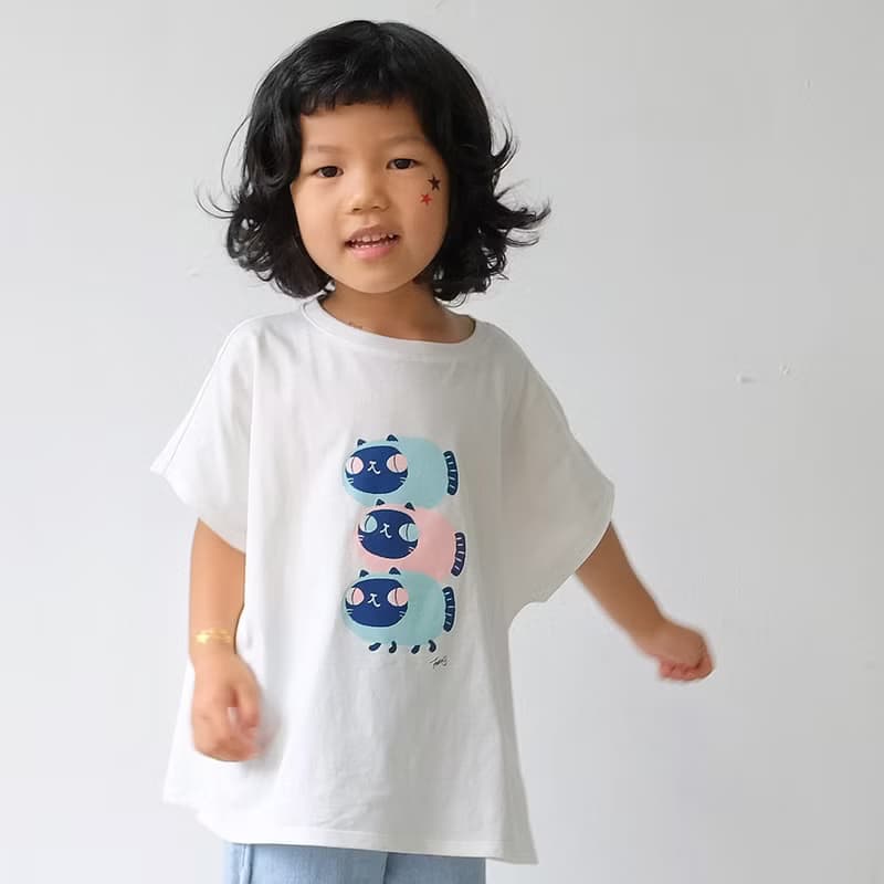 Kids Luna暹羅魚喵/兒童純棉Tshirt 落肩款 白-中性款