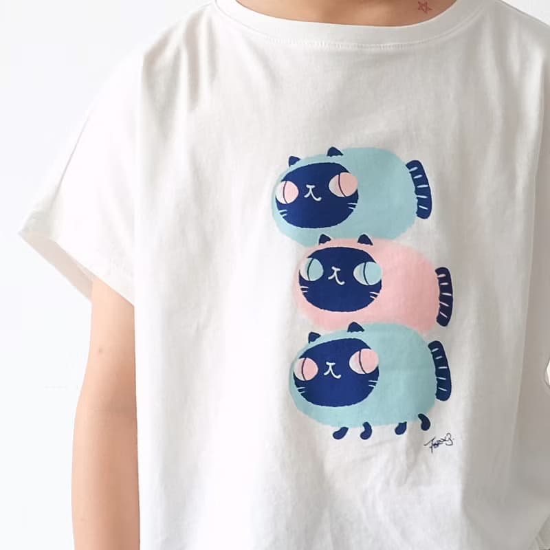 Kids Luna暹羅魚喵/兒童純棉Tshirt 落肩款 白-中性款