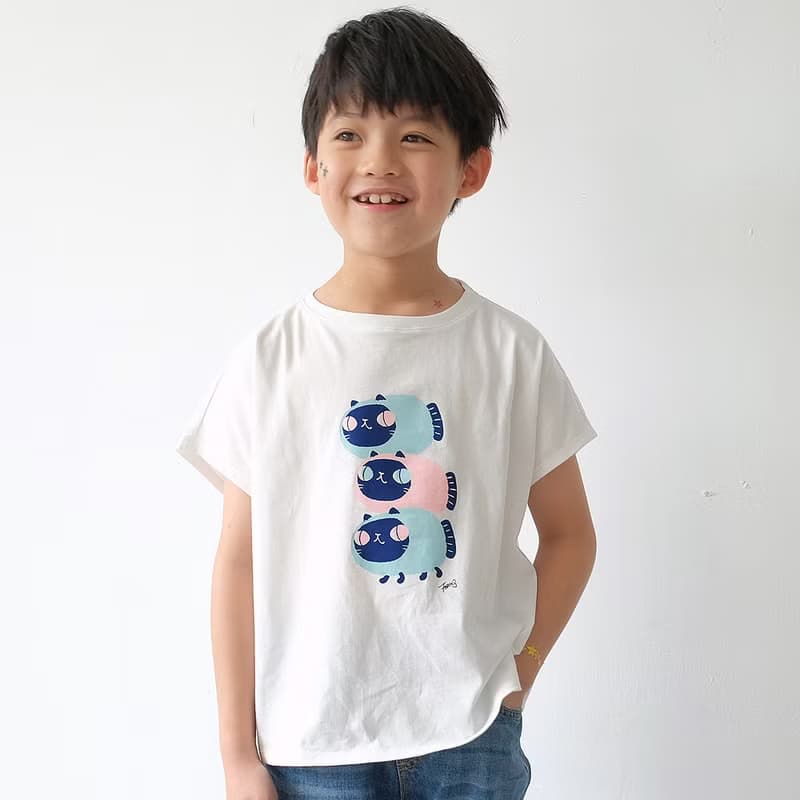 Kids Luna暹羅魚喵/兒童純棉Tshirt 落肩款 白-中性款