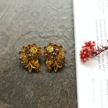 -古董復古Vintage金色咖啡萊茵花蕾絲夾式耳環 Florenza c106