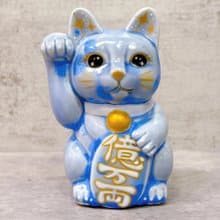 【青耀招福】日本清水燒招財貓 | 花結晶 青 億万両 右