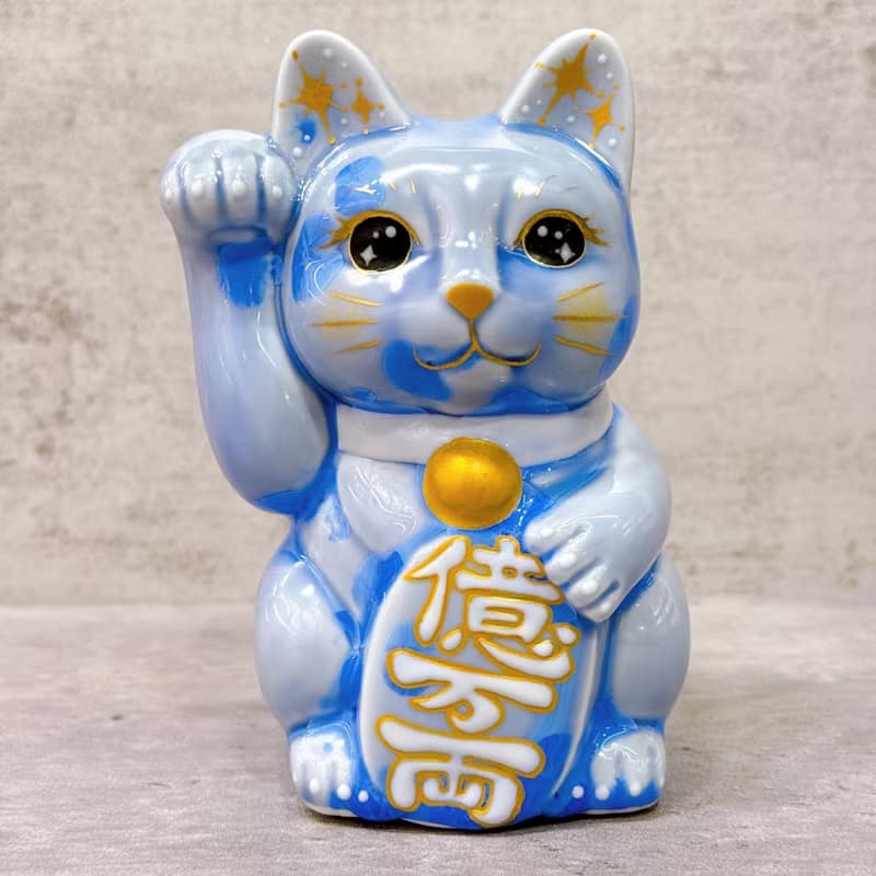 【青耀招福】日本清水燒招財貓 | 花結晶 青 億万両 右