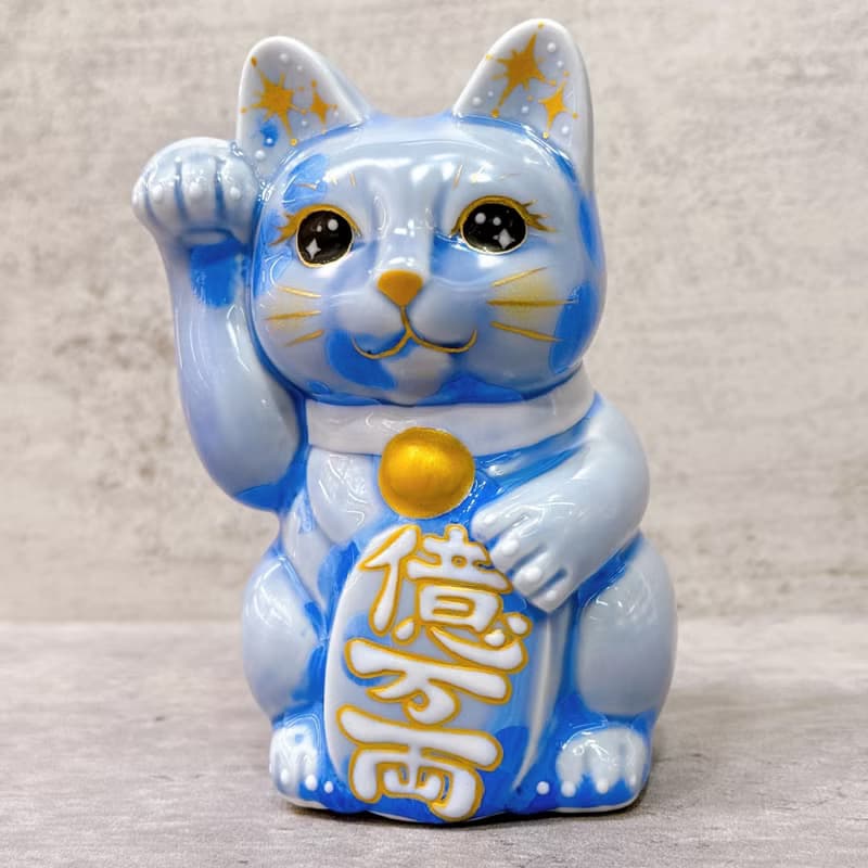 【青耀招福】日本清水燒招財貓 | 花結晶 青 億万両 右