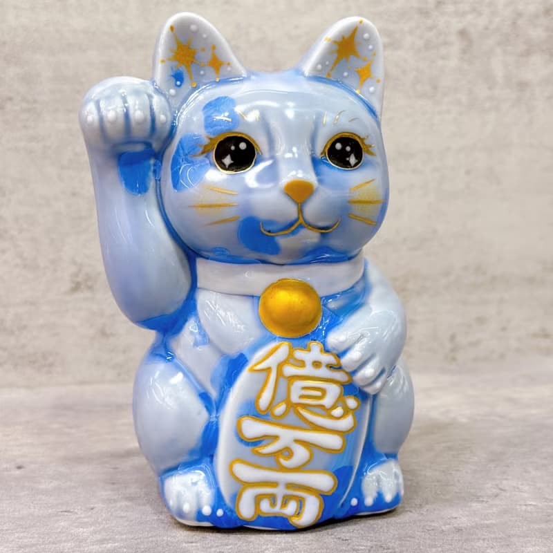 【青耀招福】日本清水燒招財貓 | 花結晶 青 億万両 右