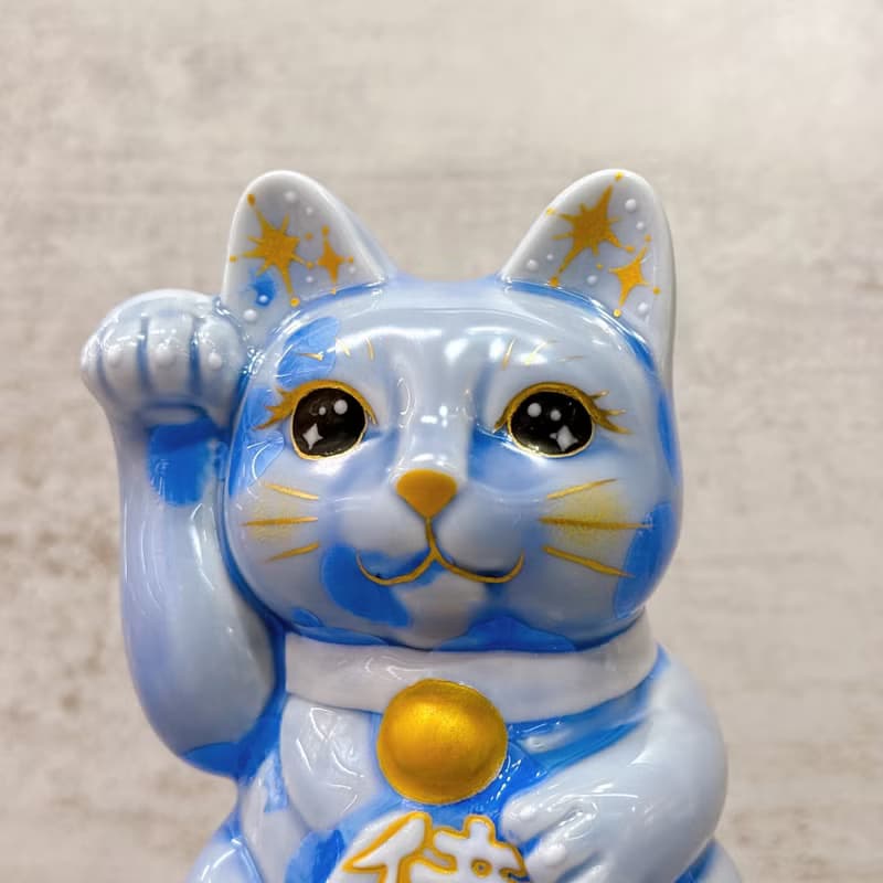 【青耀招福】日本清水燒招財貓 | 花結晶 青 億万両 右