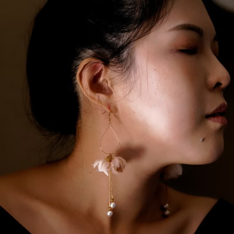 Perrine 唯美粉佐白小花水滴樣式珍珠耳環