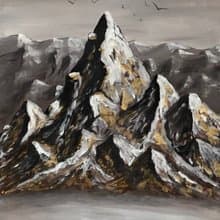Gilded mountains in the mist. Gouache.