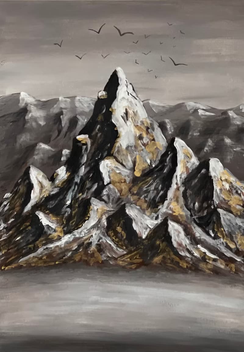 Gilded mountains in the mist. Gouache.
