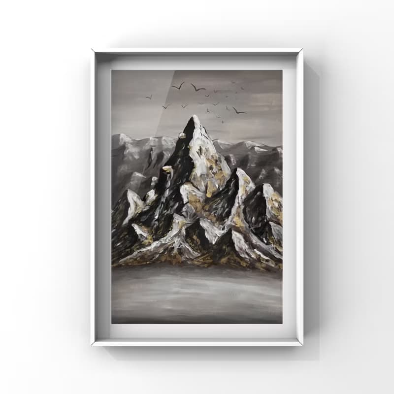 Gilded mountains in the mist. Gouache.