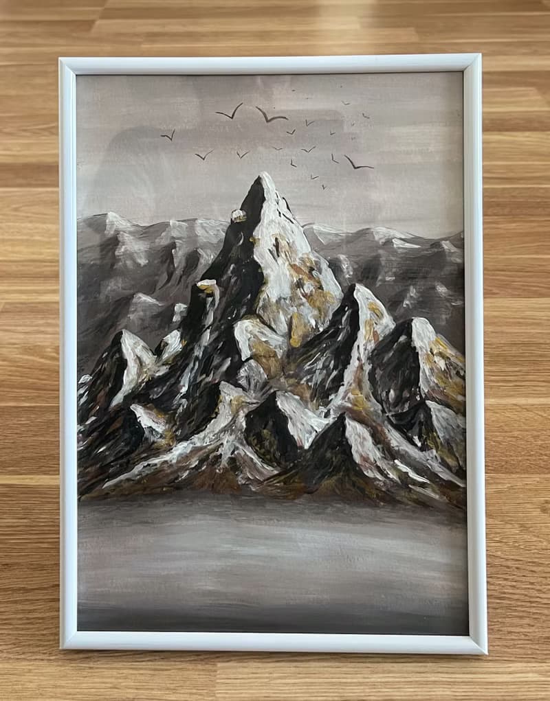 Gilded mountains in the mist. Gouache.
