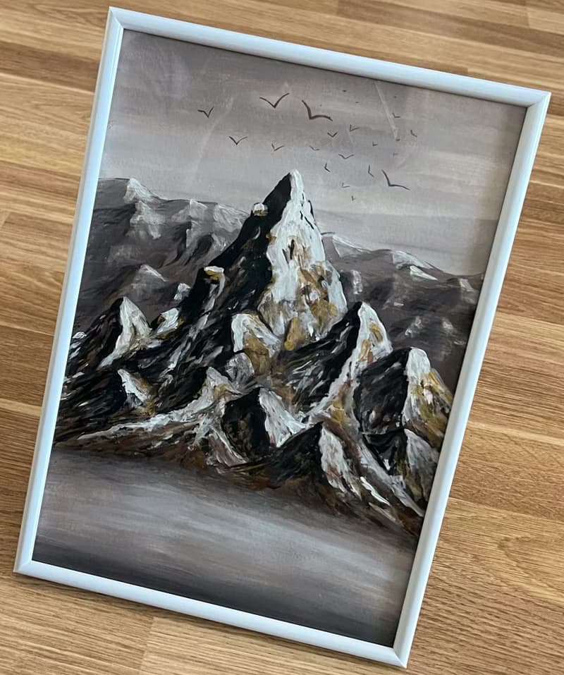 Gilded mountains in the mist. Gouache.