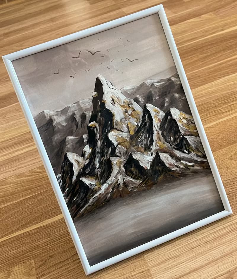 Gilded mountains in the mist. Gouache.
