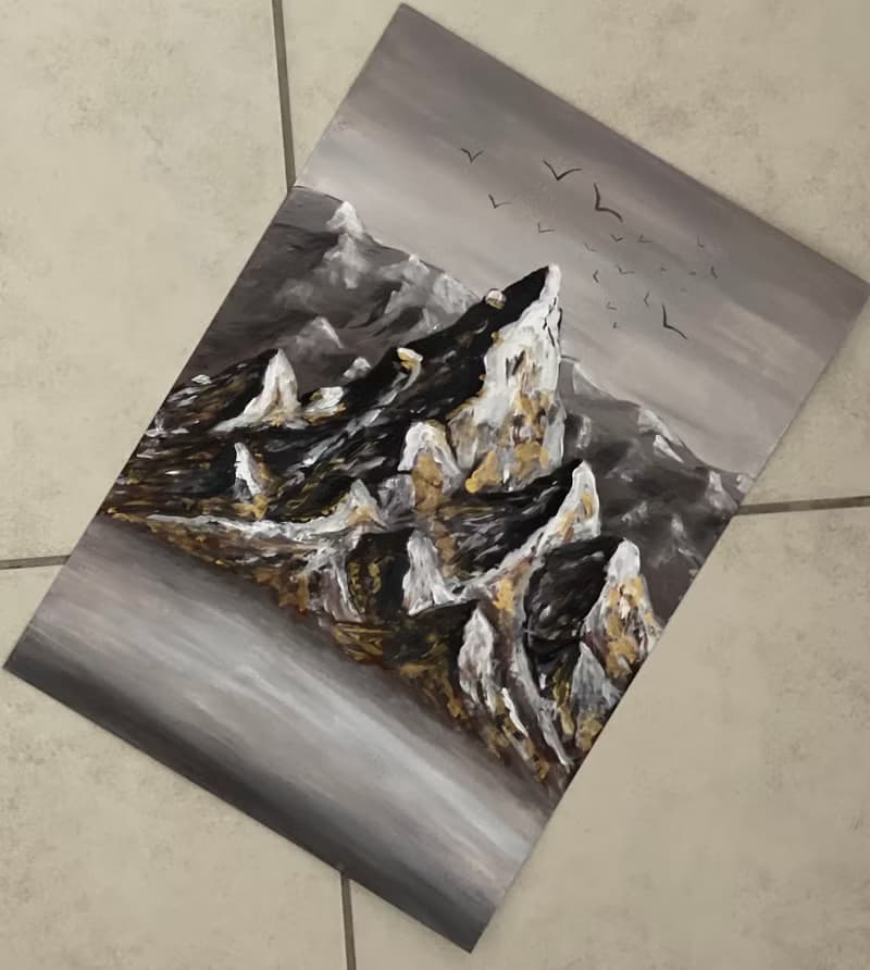 Gilded mountains in the mist. Gouache.