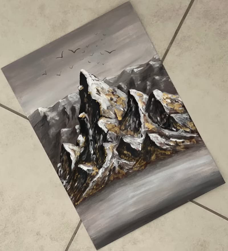 Gilded mountains in the mist. Gouache.