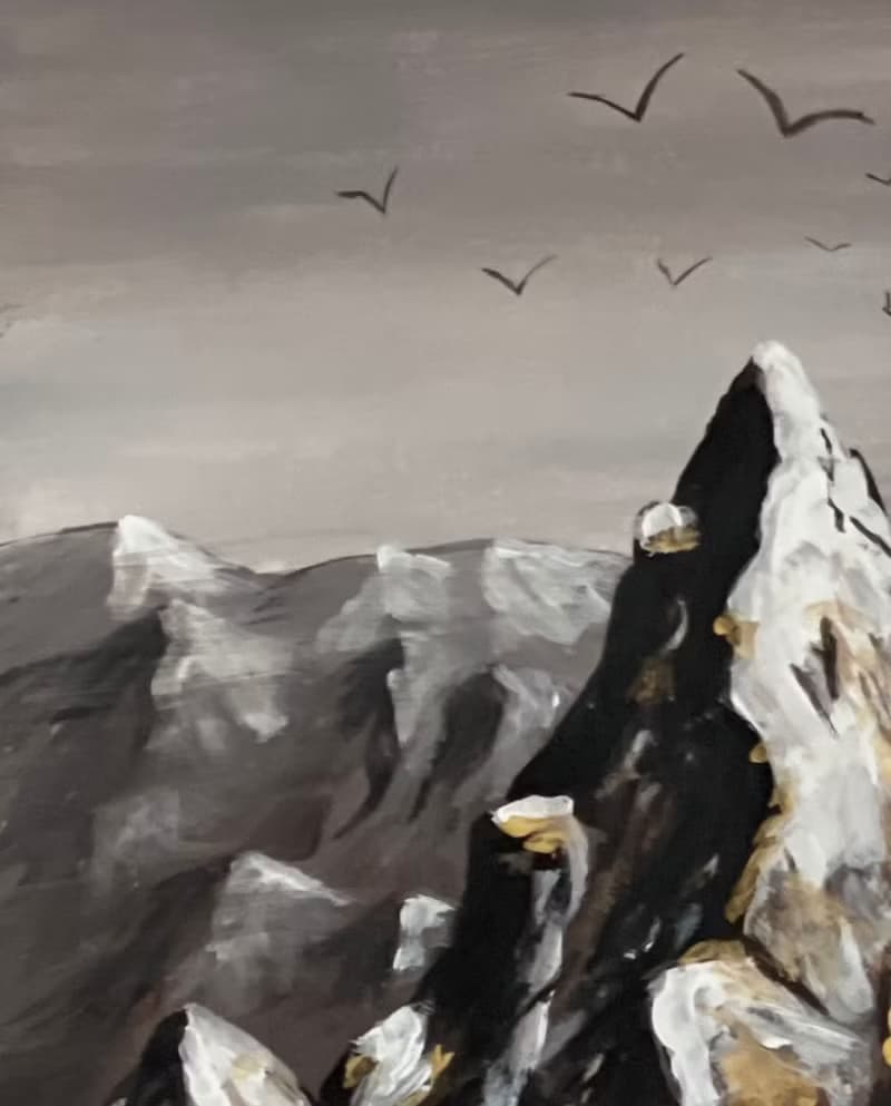 Gilded mountains in the mist. Gouache.