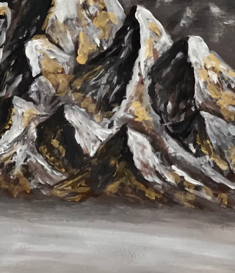 Gilded mountains in the mist. Gouache.