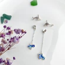 海豚與浪花 - 純銀耳環 耳鍊 七寶 琺瑯