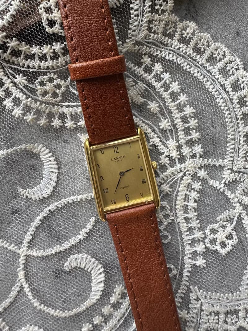 古董手錶 Lanvin 浪梵 法國製 長方形石英手鍊 皮革錶帶 男女適用
