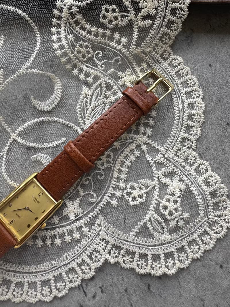 古董手錶 Lanvin 浪梵 法國製 長方形石英手鍊 皮革錶帶 男女適用