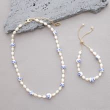 PANNE White Blue Ceramic with Oval Freshwater Pearl Necklace and Bracelet