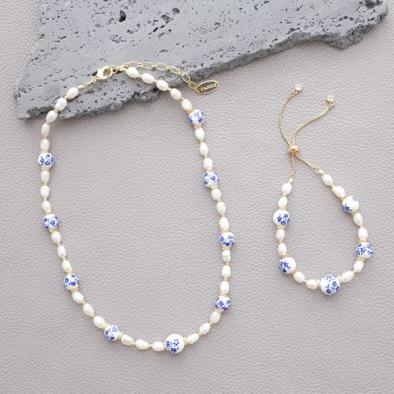 PANNE White Blue Ceramic with Oval Freshwater Pearl Necklace and Bracelet