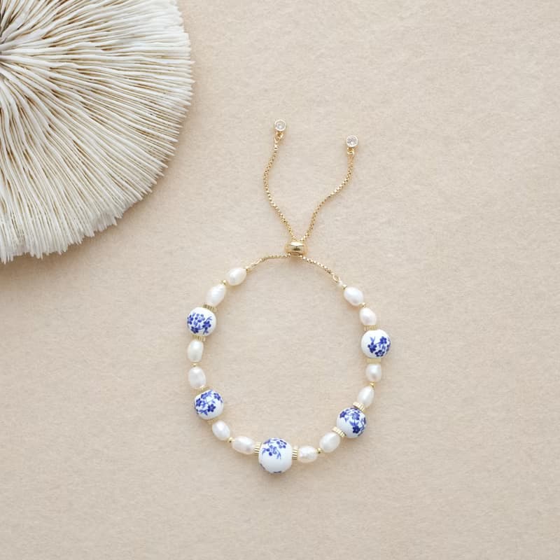 PANNE White Blue Ceramic with Oval Freshwater Pearl Necklace and Bracelet